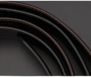Macro detail of high-quality cowhide leather belt featuring red contrast stitching and oil edge