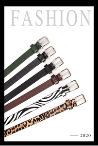 Selection of slim women's belts in leopard, zebra, and crocodile textures with silver buckles