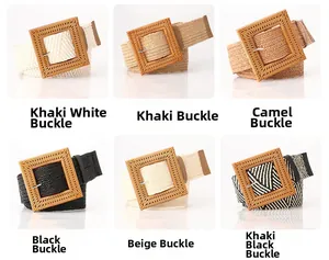 Detail view of elastic woven belts with square buckles in six diverse color patterns