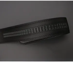 Close-up of black leather belt featuring double-row gear slots and precise twin-needle stitching