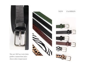 Detail of women's skinny belts with assorted animal prints and silver metal buckles