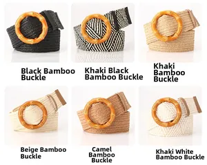 Detail showing six styles of woven elastic belts with round bamboo-style buckles in neutral colors