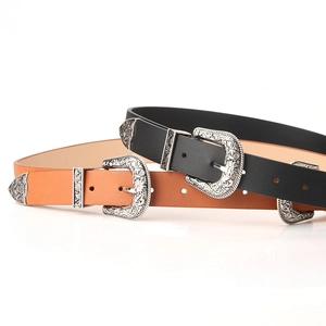 Vintage western style faux leather belts with engraved silver buckles in black and brown