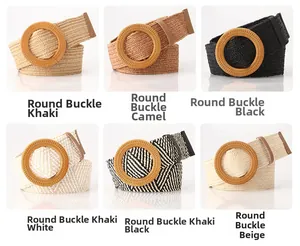 Detailed grid of six woven elastic waist belts with round buckles in various colors