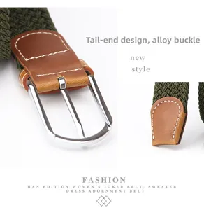 Détail de la ceinture élastique tressée vert militaire avec boucle en alliage argenté