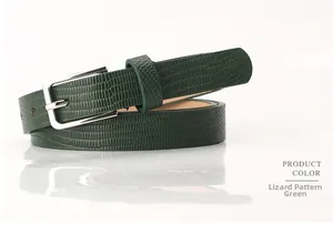 Detail of dark green lizard-pattern leather belt with a square silver metal buckle