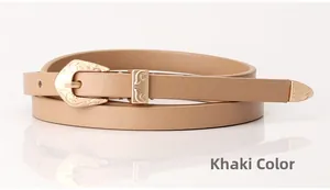 Detail of khaki slim belt for women featuring an intricate engraved gold buckle