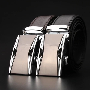 Men's genuine leather belt set with polished metal automatic buckle in black and brown