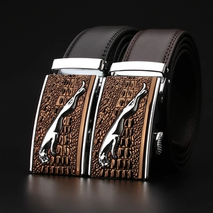 Men's premium leather belt with luxury silver automatic buckle featuring jaguar relief