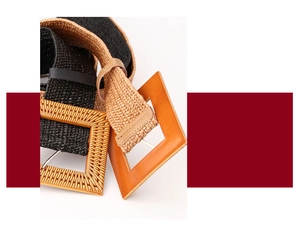 Detail of woven elastic waist belts with oversized square buckles in black and khaki