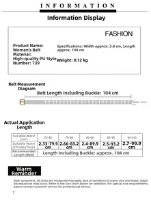 Guide des tailles montrant largeur 3.8cm et longueur 104cm pour ceinture femme punk PU