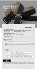Tableau des tailles pour ceinture en nylon avec boucle en alliage, largeur 3,5 cm et 125 cm