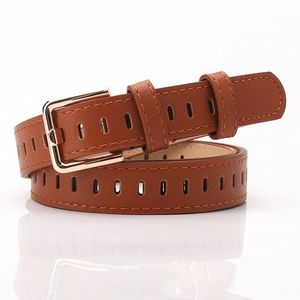 Women's brown hollow-out PU leather belt with gold pin buckle for jeans and dresses