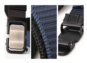 Close-up of zinc alloy buckle with brushed finish and high density nylon webbing detail
