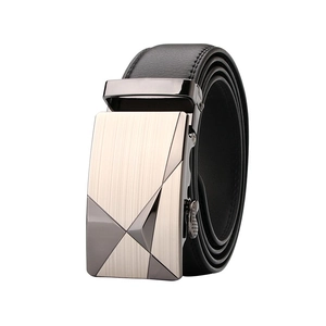 Men's business casual leather belt with automatic rectangular geometric metal buckle