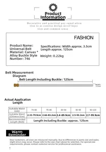 Size chart for nylon belt with automatic buckle showing measurements and canvas strap details