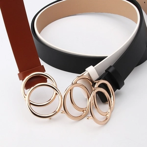 Cintura in Pelle PU alla Moda da Donna con Fibbia a Doppio Cerchio Dorata Cinturino Regolabile per Maglioni Cappotti Pantaloni