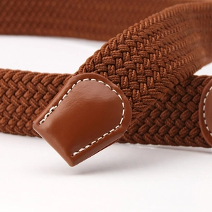 Ceinture tressée élastique marron en toile avec boucle ardillon et finitions en cuir