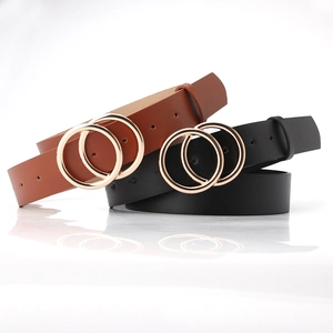 Women PU Leather Belt Gold Double Round Buckle Decorative Waistband For Dresses Minimalist Casual Lady Fashion Accessory