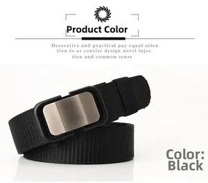 Close-up of black heavy-duty nylon belt strap with matte metal automatic buckle