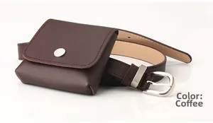 Detail of coffee brown PU leather belt bag set with silver buckle and slim strap