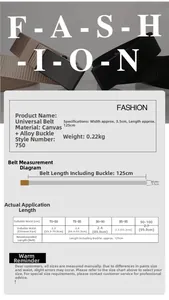 Size chart showing breathable nylon belt dimensions with durable alloy buckle