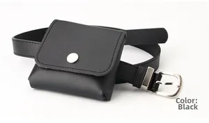 Close-up of black lychee-textured leather waist bag with silver square buckle belt