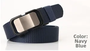 Detail of navy blue woven nylon belt with brushed metal automatic buckle and matte finish