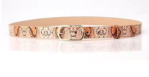Detailed macro view of snakeskin pattern leather belt with golden metal pin buckle