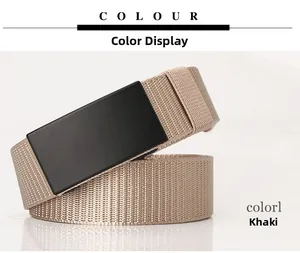 Detailed close-up of khaki nylon woven belt with matte black automatic metal buckle