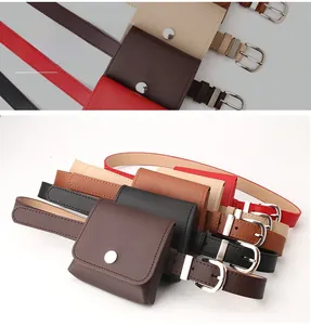 Detail of adjustable PU leather waist belt set with detachable square pouches in five colors