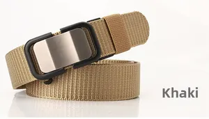 Detailed macro view of khaki nylon woven belt with brushed metal automatic buckle texture