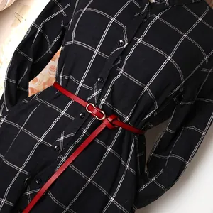 Deep red leather skinny belt for women with elegant golden double ring metal buckle