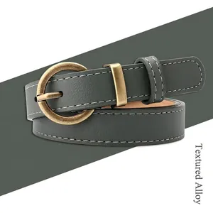 Ceinture fine en cuir gris foncé avec boucle ronde en laiton et coutures blanches élégantes