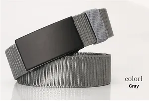 Detail view of durable gray nylon canvas belt with a matte black toothless buckle