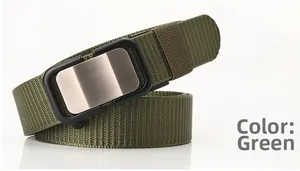 Close-up of army green nylon belt showing twill texture and alloy smooth buckle