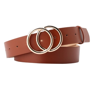 Brown faux leather belt for women with elegant golden double O-ring metal buckle