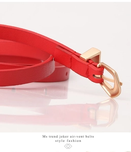 Macro detail of red thin leather belt featuring a polished golden metal buckle and stitching