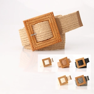 Elastic straw weave belt with large decorative buckle for women summer dresses