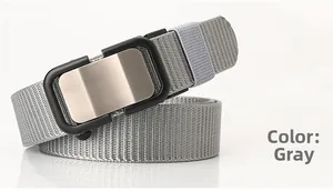 Detail of light gray nylon woven belt with matte black automatic buckle and brushed metal finish