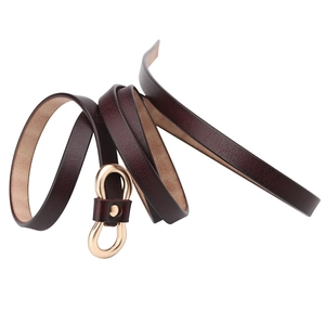 Women's slim genuine leather belt in deep brown with a polished gold infinity buckle