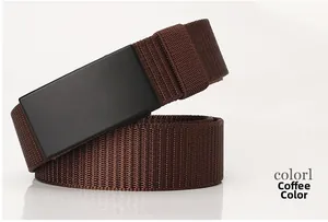 Close-up of brown nylon woven belt texture with a matte black toothless buckle