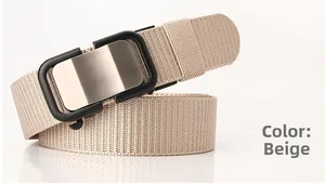 Close-up of beige nylon woven belt with a matte black and silver automatic metal buckle