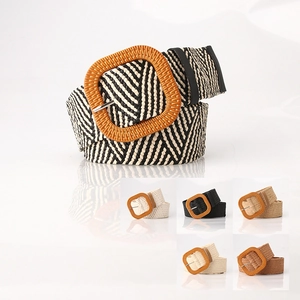 Elastic straw woven belt for women with decorative large square buckle in five colors