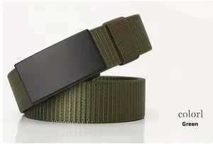 Detailed view of the army green nylon woven belt with a matte black automatic buckle