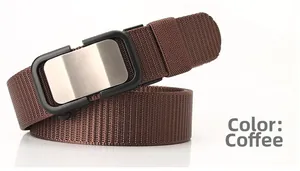 Close-up of durable brown nylon belt with brushed silver and matte black metal buckle
