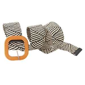 Boho woven elastic waist belt with black and white geometric pattern and brown square buckle
