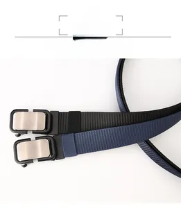 Detail of nylon belts with brushed metal automatic buckles in black and navy blue