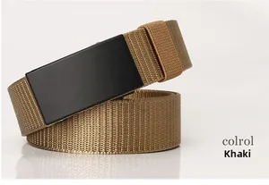 Close-up of khaki nylon woven belt featuring a matte black rectangular buckle