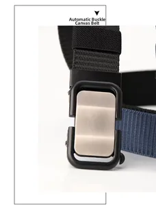Detail of automatic buckle with brushed metal finish on heavy duty nylon canvas belts
